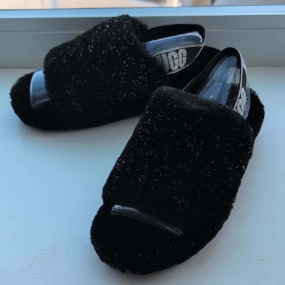 UGG Black Metallic Sparkle Fuzzy Fluff Yeah Women's Slides NEW IN BOX NIB